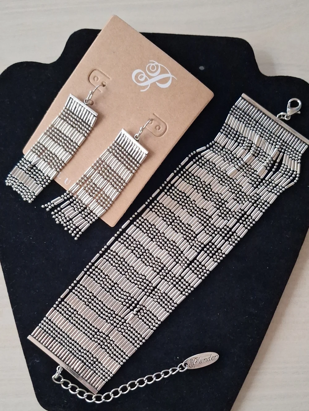 Plunder Silver Beaded Fringe Statement Earrings & Matching Cuff Bracelet Set NWT